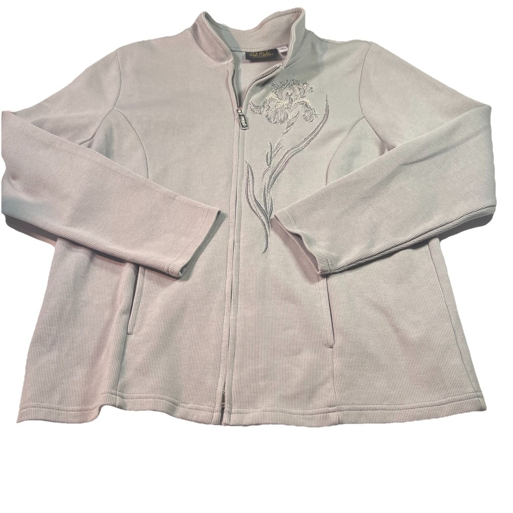 Bob Mackie Gray Floral Pattern Full Zip Fleece Jacket Womens Medium Wearable Art